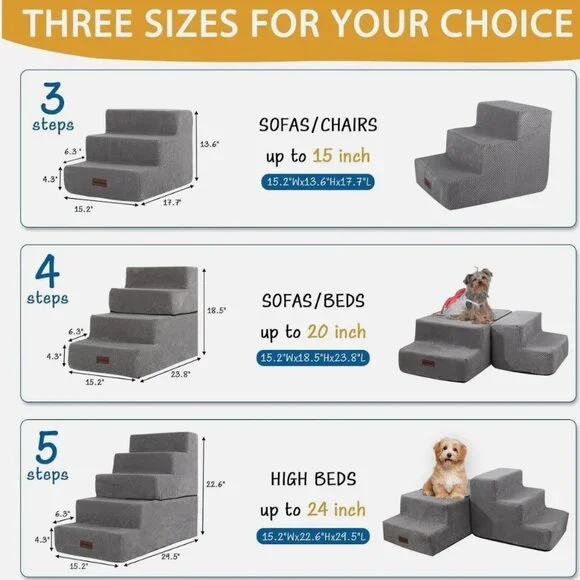 5-Step Dog Stairs for High Beds, Non-Slip Pet Steps, Grey, 22.6 H